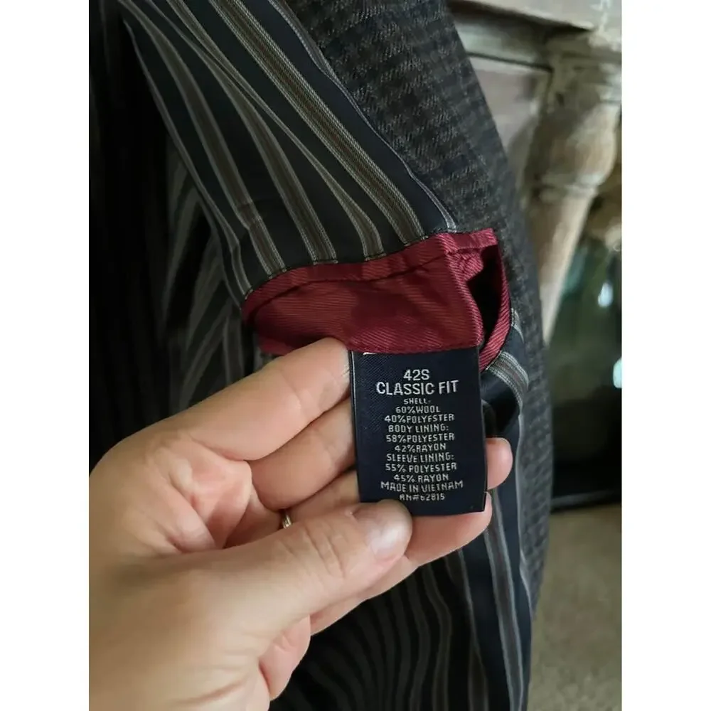 Men’s Stafford Herringbone Plaid Blazer Elbow Patch Wool Classic 42S Brown Navy
